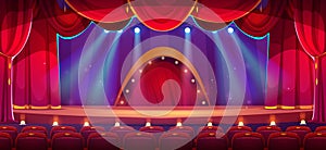 Cartoon theater stage with red curtains