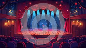 A cartoon theater stage with red curtains, spotlights, and empty seats. Modern illustration of a concert hall interior