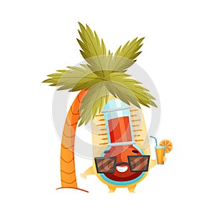 Cartoon Thermometer Character in Sunglasses with Orange Juice Standing Under Palm Tree Vector Illustration