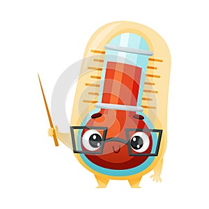 Cartoon Thermometer Character Wearing Glasses and Holding Pointer Vector Illustration