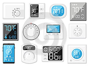 Cartoon thermostat. Smart home heating and cooling controller, thermometer with rotary knob and buttons. House climate control