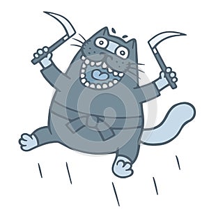 Cartoon thick ninja cat armed with sickles. Vector illustration.