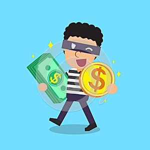 Cartoon thief carrying money stack and coin
