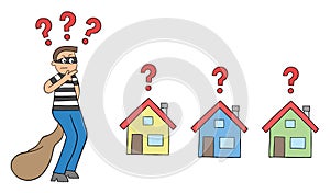 Cartoon thief man thinks which house to rob, vector illustration