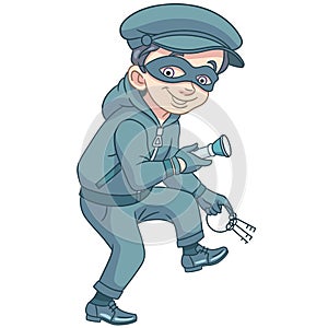 Cartoon thief in mask with keys