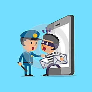Cartoon thief stealing mails from smartphone and policeman