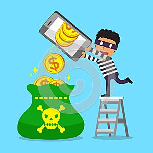 Cartoon a thief using smartphone to earn money