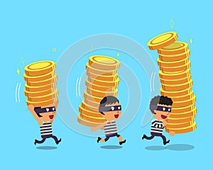 Cartoon thieves stealing money coin stacks