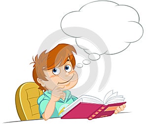 Cartoon thinking boy with book.