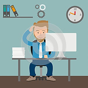 Cartoon Thinking Businessman Gears Office