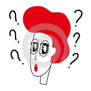 Cartoon thinking man with question mark in think bubble vector illustration. Man and question in bubble think