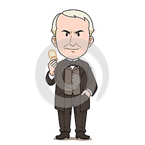 Cartoon Thomas Edison holding a light bulb.