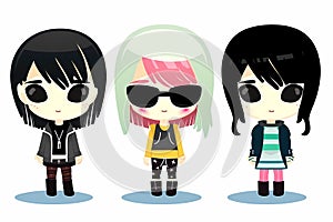 A cartoon of three dolls with sunglasses and a black shirt AI generation photo