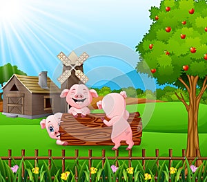 Cartoon three little pigs play in the log with farm background