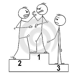 Cartoon of Three Man on Sport Winners Podium, Two of Them Are Fighting or Arguing