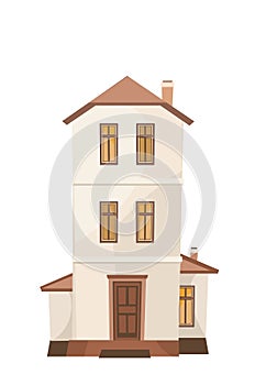 Cartoon three-storey house. Cozy simple rural dwelling in a traditional European style. Sweet home. Isolated on white