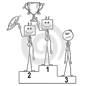 Cartoon of Three Winners on Podium, First and Seconds Are Robots. Human is Third.