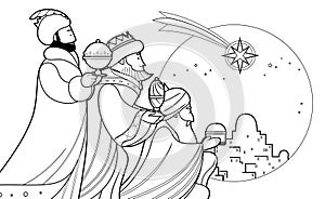 Cartoon three wise men offering gifts in Bethlehem coloring page