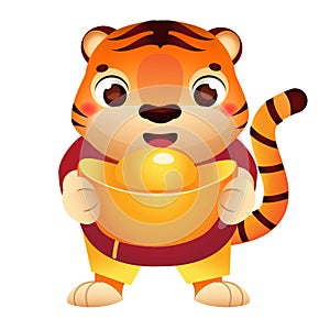 Cartoon tiger with golden boat yuanbao ingot. Happy Chinese new year celebration character for 2022