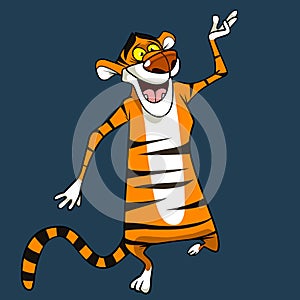 Cartoon tiger happily waving its paw walking on its hind legs