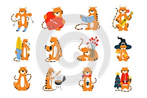 Cartoon tiger illustrations. Happy New Year 2022. Chinese horoscope. Merry Christmas. Vector set of isolated tigers