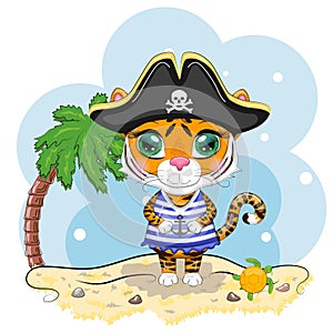 Cartoon tiger pirate in a striped T-shirt, cocked hat, with an eye patch. Summer is coming. Children's style, sweetheart