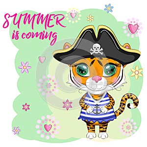 Cartoon tiger pirate in a striped T-shirt, cocked hat, with an eye patch. Summer is coming. Children's style, sweetheart