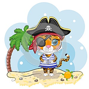 Cartoon tiger pirate in a striped T-shirt, cocked hat, with an eye patch. Summer is coming. Children's style, sweetheart