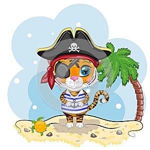 Cartoon tiger pirate in a striped T-shirt, cocked hat, with an eye patch. Summer is coming. Children's style, sweetheart