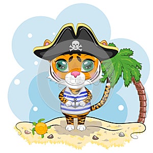 Cartoon tiger pirate in a striped T-shirt, cocked hat, with an eye patch. Summer is coming. Children's style, sweetheart