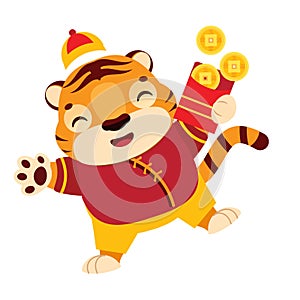Cartoon tiger with red money envelope symbol of prosperity. Happy Chinese new year celebration character for 2022