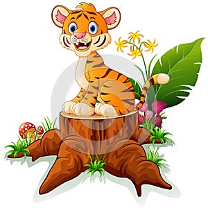 Cartoon tiger sitting on tree stump