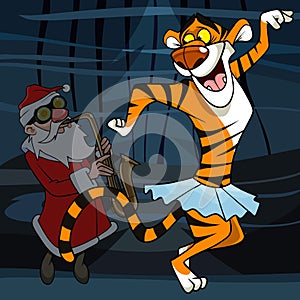 Cartoon tiger in a skirt dancing to the music of Santa Claus on a saxophone
