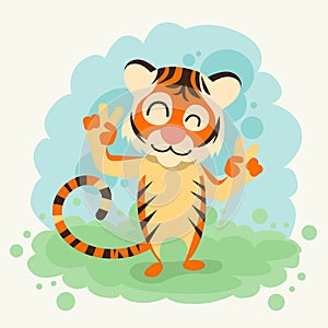 Cartoon Tiger Smile Show Two Finger Peace Gesture