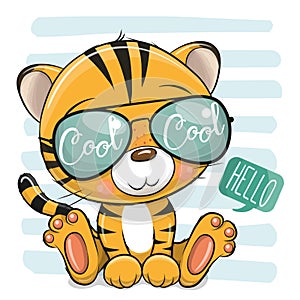 Cartoon Tiger with sun glasses on striped background