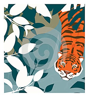 Cartoon tiger walking in a jungle. Stock vector illustration. Rainforest inhabitants.