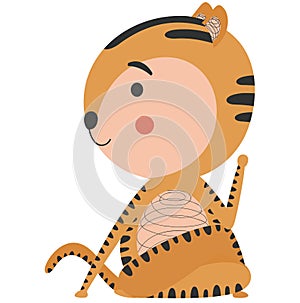 Cartoon tiger yogi sitting in half lord of fish pose with half twist of the spine Ardha Matsyendrasana on a white background.