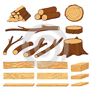 Cartoon timber. Pine wood timbers, planks stacks and old firewood objects. Lumbers pile, forest stumps and log tree