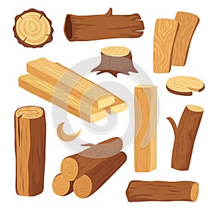 Cartoon timber. Wood log and trunk, stump and plank. Wooden firewood logs. Hardwoods construction materials vector