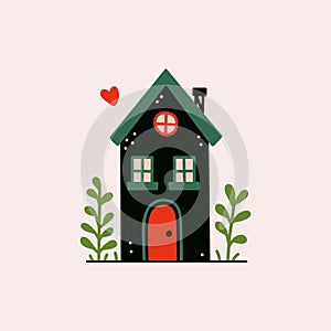 Cartoon tiny forest house. Cute cottage with chimney and smoke heart shape, flat one storey country building with door