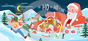Cartoon tiny people open presents and surprise gifts from bag of Santa Claus in magic landscape, characters with candy