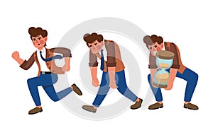 Cartoon tired guy runs errands and walks with hourglass vector photo