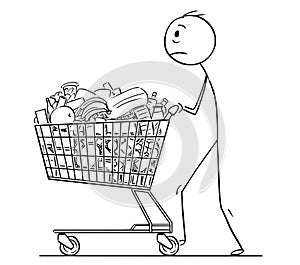 Cartoon of Tired Man or Businessman Pushing Shopping Cart Full of Goods