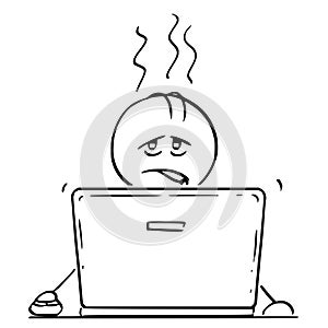 Cartoon of Tired and Overworked Man or Businessman Working on Laptop Computer