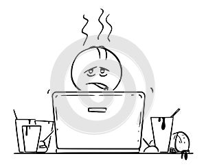 Cartoon of Tired and Overworked Man or Businessman Working on Laptop Computer Surrounded by Coffee Cups