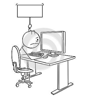 Cartoon of Tired or Stressed Man or Businessman Working on Computer Holding Empty Sign