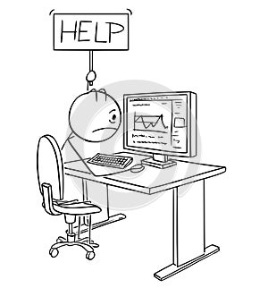 Cartoon of Tired or Stressed Man or Businessman Working on Computer Holding Help Sign