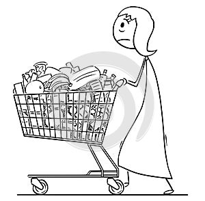 Cartoon of Tired Woman or Businesswoman Pushing Shopping Cart Full of Goods