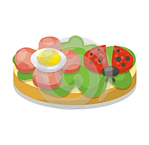 Cartoon toast avocado, tomato, egg, ladybug design. Healthy breakfast food vector illustration