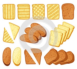 Cartoon toasts. Breakfast toasted bread, slices of bake roll, pastry wheat bakery products. Bread loaf and toasts